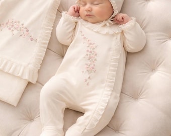 Coming Home Outfit Girl, Embroidered Cotton Romper, Bonnet and Blanket Set