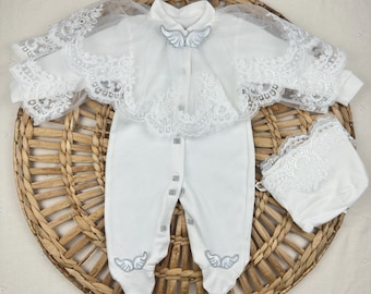 Ivory Cotton Christening Romper 0-3 Months, Baby Baptism Outfit, Lace Dedication Romper, Baby Blessing Outfit, Tulle Overlay