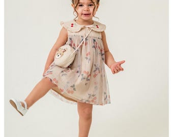 Cherry Print Baby Girl Summer Dress with Bear Purse – Muslin & Tulle Toddler Outfit”
