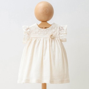 Elegant Lace Baby Dress – Cream Infant Girl Outfit –  Christening Dress Cotton