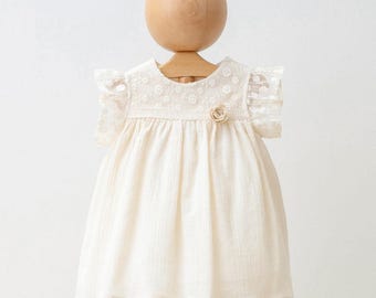Elegant Lace Baby Dress – Cream Infant Girl Outfit –  Christening Dress Cotton