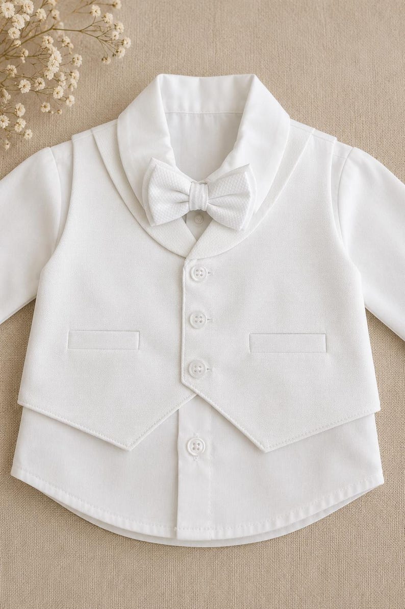 May include: A white long-sleeved shirt featuring an attached vest with a shawl collar and a matching textured bow tie. The vest is secured with three white buttons, and the shirt has a single visible button at the bottom hem with two pockets.