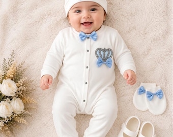 Prince Crown Newborn Baby Boy Outfit Set, Ivory Cotton Romper with Hat, Mittens & Shoes, Baby Boy Coming Home Outfit, Baby Shower Gift