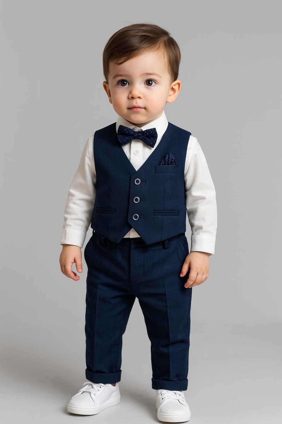 Babyhug Full Sleeves  3 Piece Party Suit With Bow - Navy Blue White