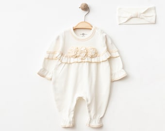 Floral Cotton Baby Romper with Headband: Newborn Outfit