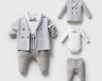 Knit Baby Boy Outfit: Cotton Linen Pants Set with Bow Tie