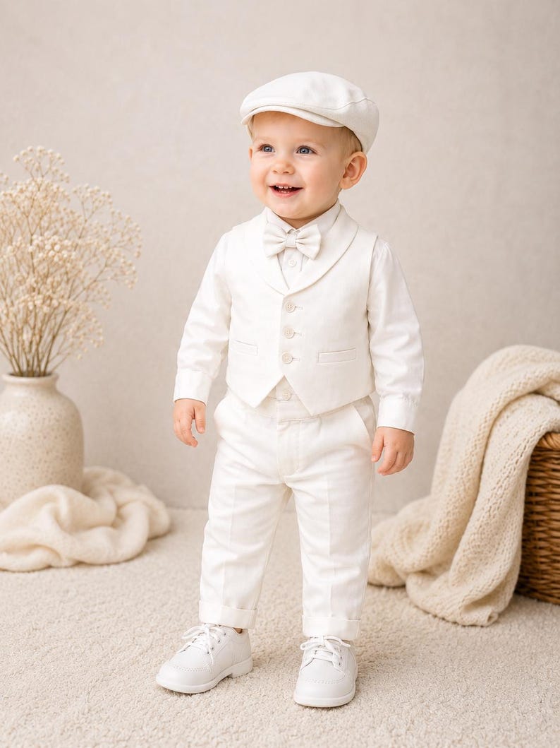 May include: A cream-colored formal outfit consisting of a long-sleeved button-down shirt, a matching vest with three buttons, trousers with cuffed hems, a bow tie, and a flat cap. The ensemble is completed with a pair of white lace-up shoes.
