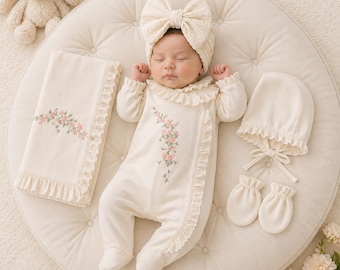 Coming Home Outfit Girl, Embroidered Cotton Romper, Bonnet and Blanket Set