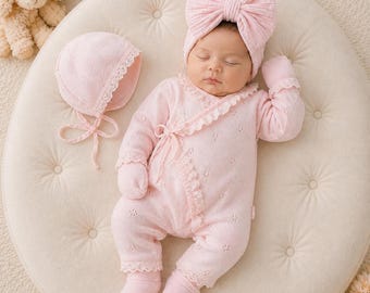 Newborn Knit Romper Bonnet Mittens Socks Set, Organic Cotton Coming Home Outfit