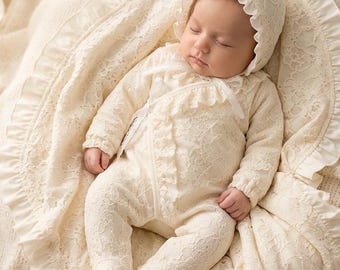 Ivory Lace Newborn Baby Girl Set, Organic Cotton Coming Home Outfit, Newborn Romper and Blanket Set, Baby Shower Gift, Hospital Outfit