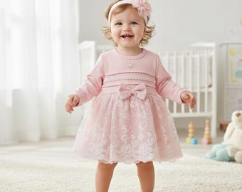 Pink Baby Girl Lace Dress with Headband, Newborn Coming Home Outfit, Elegant Baby Dress, Special Occasion Infant Dress