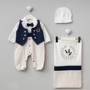 Newborn Boy Cotton Romper Set: Embroidered Blanket, Vest Outfit & Hat (0-3 Months)