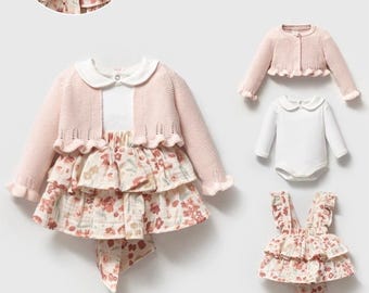 Luxury Baby Girl Outfit Set | Knitted Cardigan Muslin Dress Cotton Bodysuit | 0–12 Months