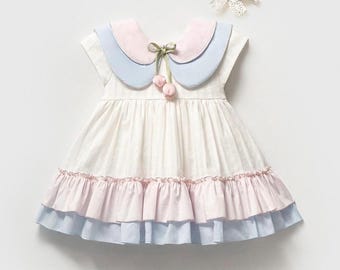 Pastel Baby Girl Dress, Pink and Blue Toddler Dress, Peter Pan Collar Baby Outfit, Elegant Baby Girl Clothes, Birthday Easter Dress