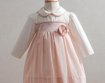 Elegant Baby Girl Cotton  Dress with Long Sleeves and Flower Detail – Special Occasion Outfit