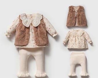 Organic Cotton Baby Girl Outfit: Floral Blouse, Knit Leggings & Faux Fur Vest