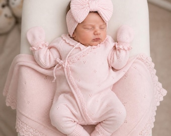 Conjunto rosa para bebé niña para la salida del hospital, conjunto de 6 piezas para recién nacida con gorro, conjunto de punto suave para bebé, diadema con lazo, conjunto para el hospital, regalo para bebé