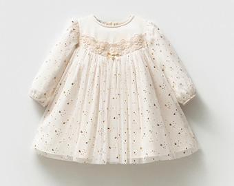 Ivory Baby Girl Dress, Gold Heart Tulle Dress, Long Sleeve Toddler Dress, Flower Girl Dress, Birthday Outfit, Holiday Baby Dress, Special Oc