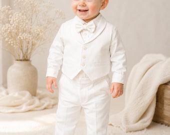 Ivory Baby Boy Suit: 4-Piece Formal Outfit with Bow Tie, Ring Bearer Wedding Suit, Toddler Tuxedo Baptism Christening Outfit