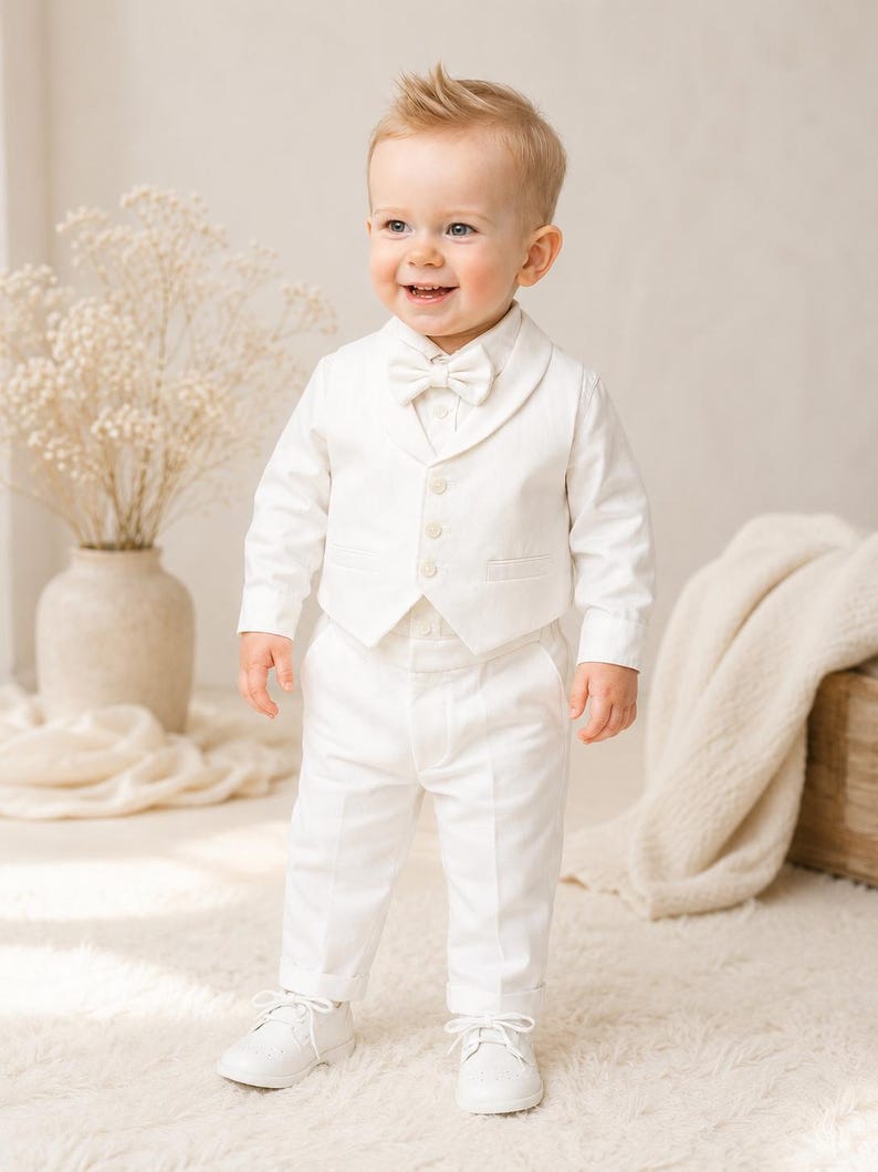 May include: A formal outfit consisting of a long-sleeved white button-down shirt, a matching white vest with three buttons, a white bow tie, and white trousers. The ensemble is completed with a pair of white lace-up dress shoes.