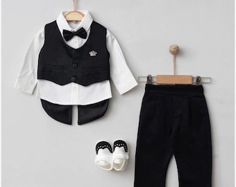 Baby Boy Formal Outfit 5 Piece Set – Shirt, Vest, Bow Tie, Pants, Shoes