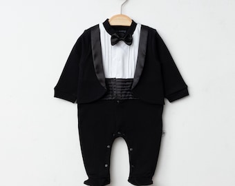 Black Baby Tuxedo Romper, Newborn Boy Wedding Outfit, Baby Boy Baptism Outfit, Christening Suit, Ring Bearer Romper, Formal Baby Clothes