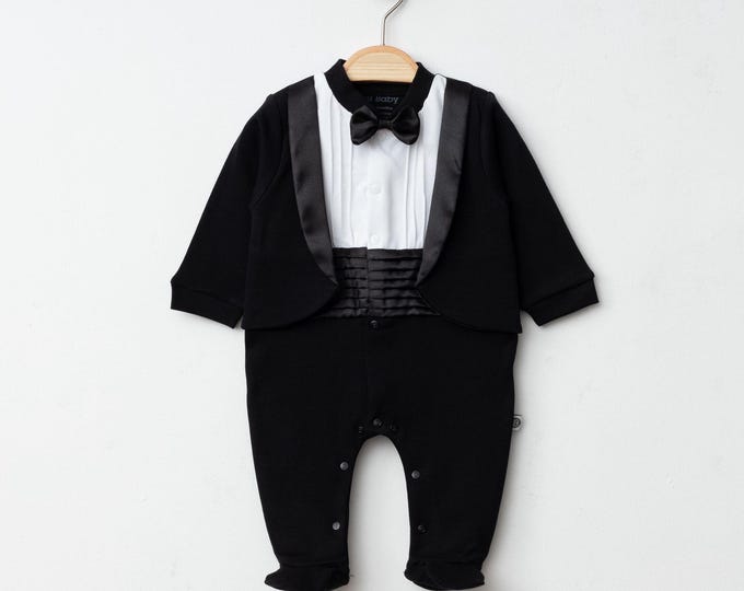 Black Baby Tuxedo Romper, Newborn Boy Wedding Outfit, Baby Boy Baptism Outfit, Christening Suit, Ring Bearer Romper, Formal Baby Clothes