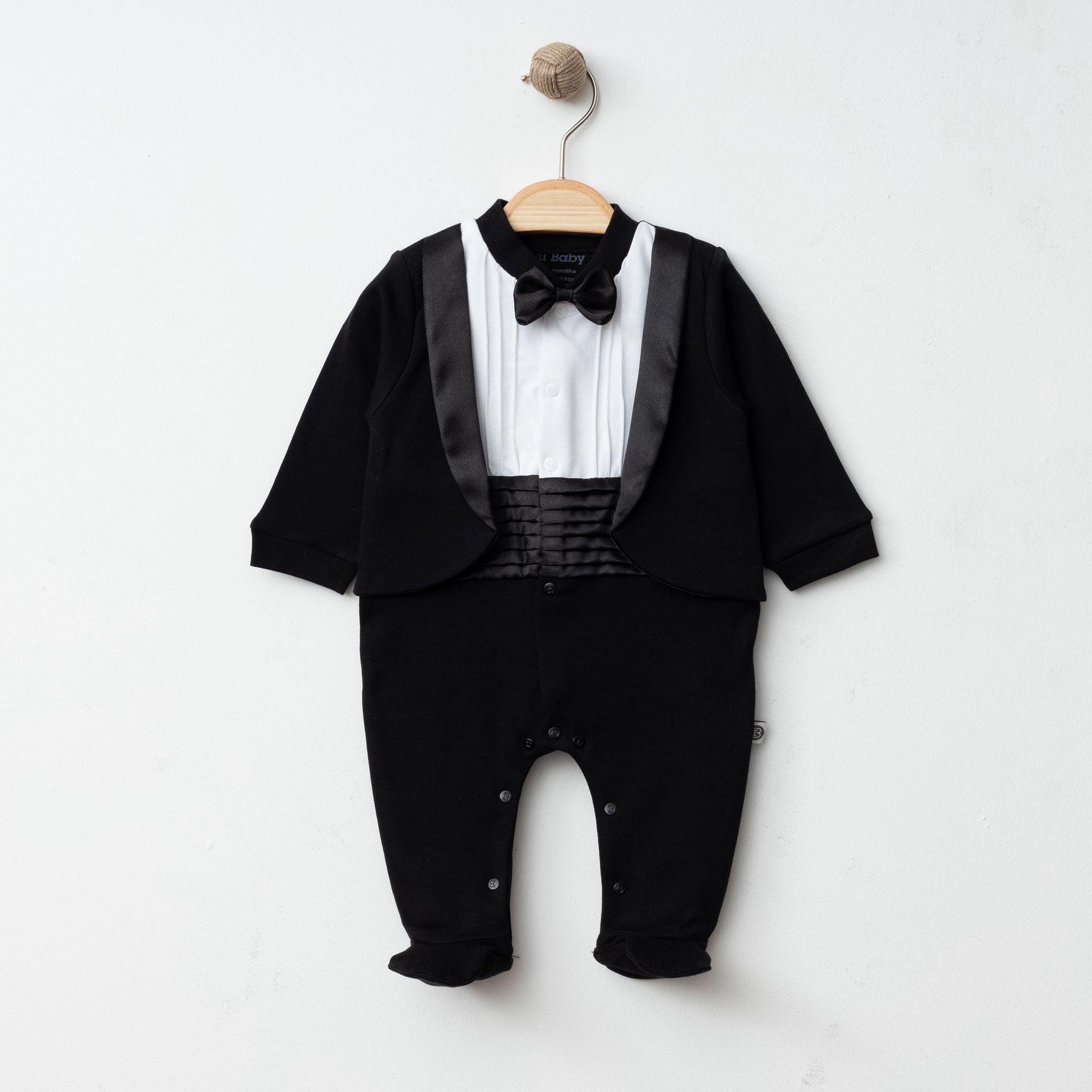 Black Baby Tuxedo Romper, Newborn Boy Wedding Outfit, Baby Boy Baptism Outfit, Christening Suit, Ring Bearer Romper, Formal Baby Clothes