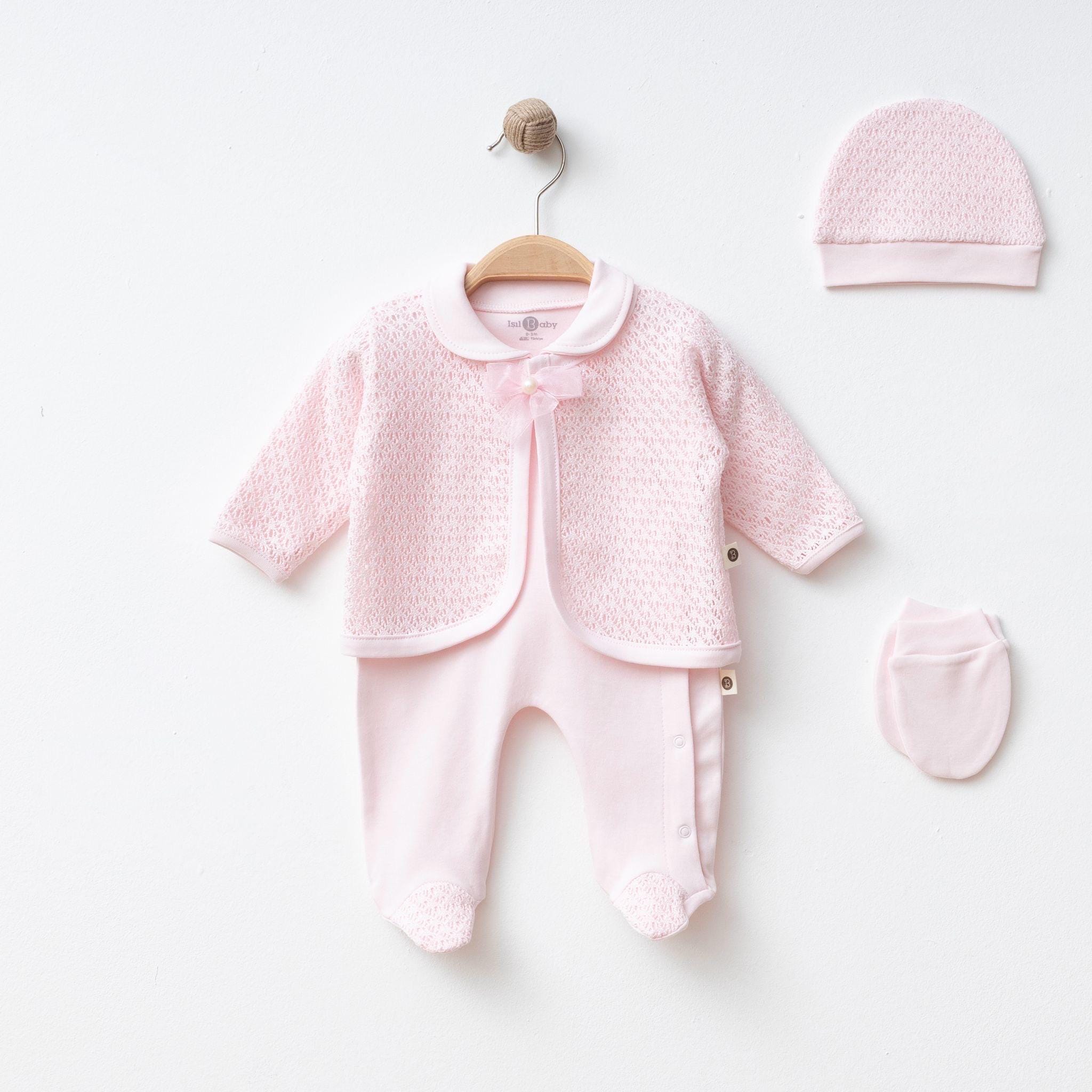 Cotton Newborn Take Home Outfit: Baby Girl Set with Jacket, Hat & Mittens