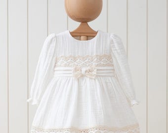 Baby Girl Ivory Muslin Dress Lace Long Sleeve Infant Dress