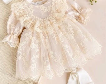 Baptism Dress for Baby Girl | Lace Christening Gown | Tulle Embroidered Infant Outfit