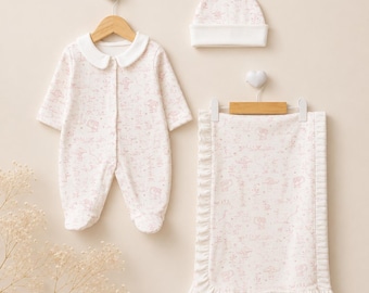 Baby Girl Coming Home Outfit Set, Pink Toile Newborn Romper, Ruffle Blanket & Hat, Newborn Baby Gift, Hospital Take Home Outfit