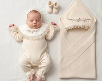 Velvet Newborn Girl Coming Home Outfit: Floral Lace, 5-Piece Set