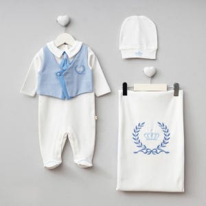 Newborn Boy Cotton Romper Set: Embroidered Blanket, Vest Outfit, Hat (0-3 Months)