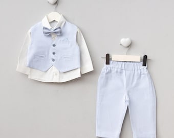 Light Blue Baby Boy Formal Outfit: Cotton Vest, Bow Tie, Christening Suit