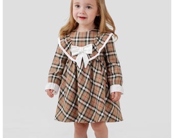Beige Plaid Baby Girl Dress, Long Sleeve Cotton Toddler Dress, Vintage Check Dress, Fall Outfit, Birthday Dress, Holiday Dress