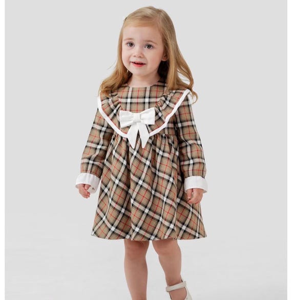 Classic Cotton.Plaid Baby Girl Dress with White Bow - Long Sleeve Fall Toddler Outfit