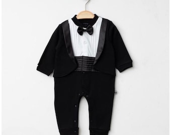 Baby Cotton Tuxedo Romper with Bow Tie – Formal Footless Infant Outfit