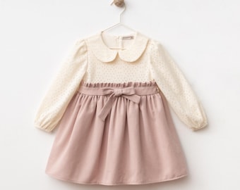 Linen Baby Dress – Woven Cotton Top, Peter Pan Collar, Bow Waist