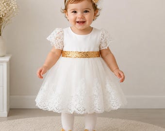 Baby Girl Christening Dress Set, Baptism Outfit with Headband Shoes Socks