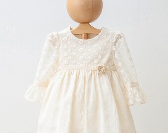 Ivory Baby Girl Dress: Floral Lace, Flutter Sleeve Cotton