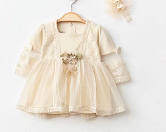Elegant White Baby Girl Dress with Lace Headband – Newborn Christening, Baptism & Special Occasion Outfit