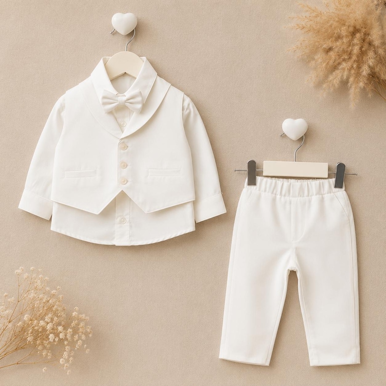 May include: A white long-sleeved button-down shirt with a matching white vest and a small bow tie, paired with white trousers. The set is displayed on two hangers, each featuring a small white heart detail at the top of the hook.