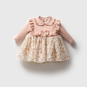 Organic Cotton Baby Girl Knit Bodice Muslin Skirt Dress | Long Sleeve Floral Newborn - 9-12 Months Dress | Soft Cotton Baby Outfit