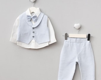 Muslin Outfit Set – 4 Piece Formal Suit with Shirt, Vest, Bow Tie & Pant