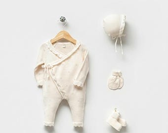Newborn Knit Romper Bonnet Mittens Socks Set, Organic Cotton Coming Home Outfit