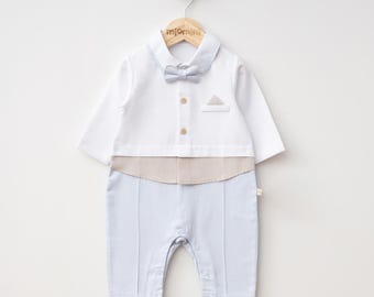Ivory Baby Boy Christening Outfit, Baptism Romper, Baby Wedding Outfit, Ring Bearer Romper, Newborn Boy Formal Suit, Coming Home Outfit