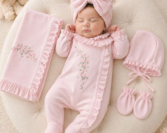 Rosa Baby Mädchen Strampler Set, bestickte Baumwolle Outfit, einzigartiges Geschenk zur Geburt
