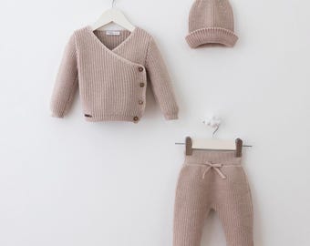 Organic Cotton Baby Knit Set – Sweater, Pants & Hat | Hospital Coming Home Outfit