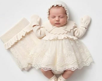 Baby Girl Coming Home Outfit, Lace Knit Newborn Hospital Set, Organic Cotton Baby Gift